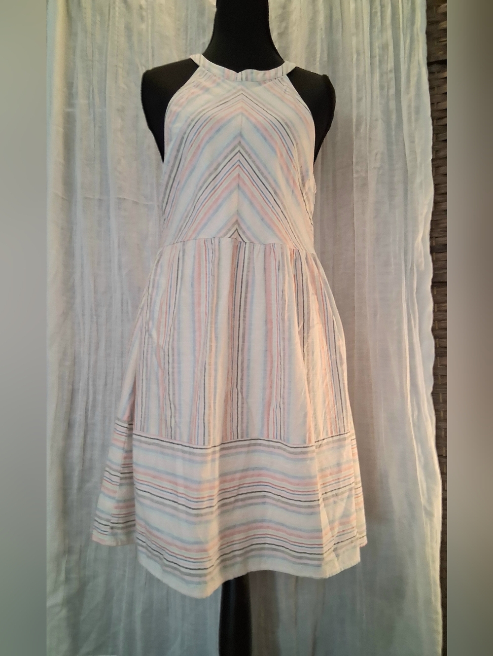 Sleeveless Striped Cotton Midi Halter Dress in Pastel Stripe